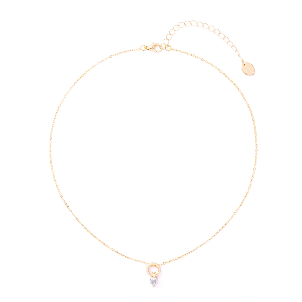 Guldfärgat halsband, cirkel med hängande kristall – 42+7 cm