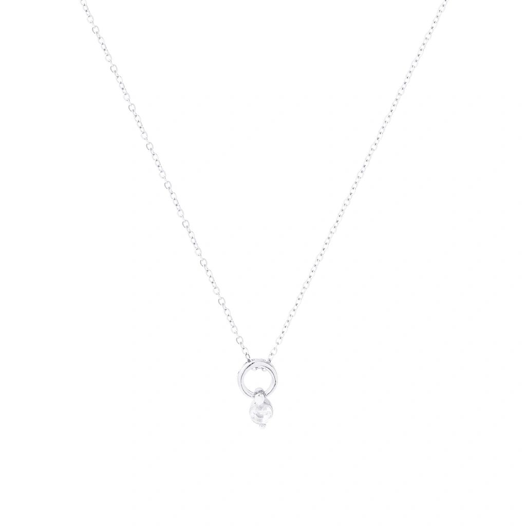 Silverfärgat halsband, cirkel med hängande kristall – 42+7 cm