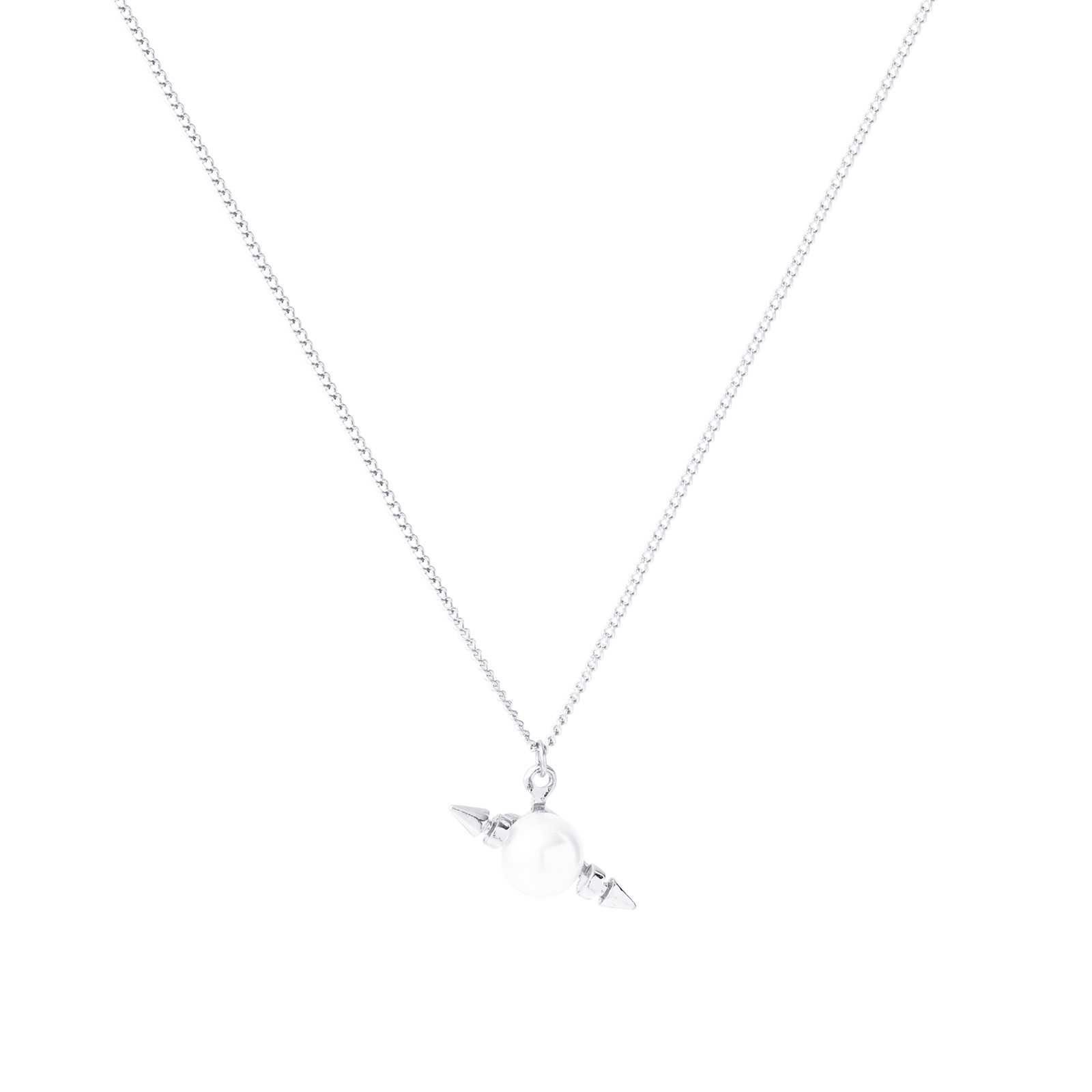 Silverfärgat halsband med hängande pärla och pil – 42+5cm