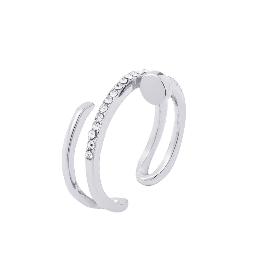 Silverfärgad ring, omlottmodell spik med glasstenar - One size