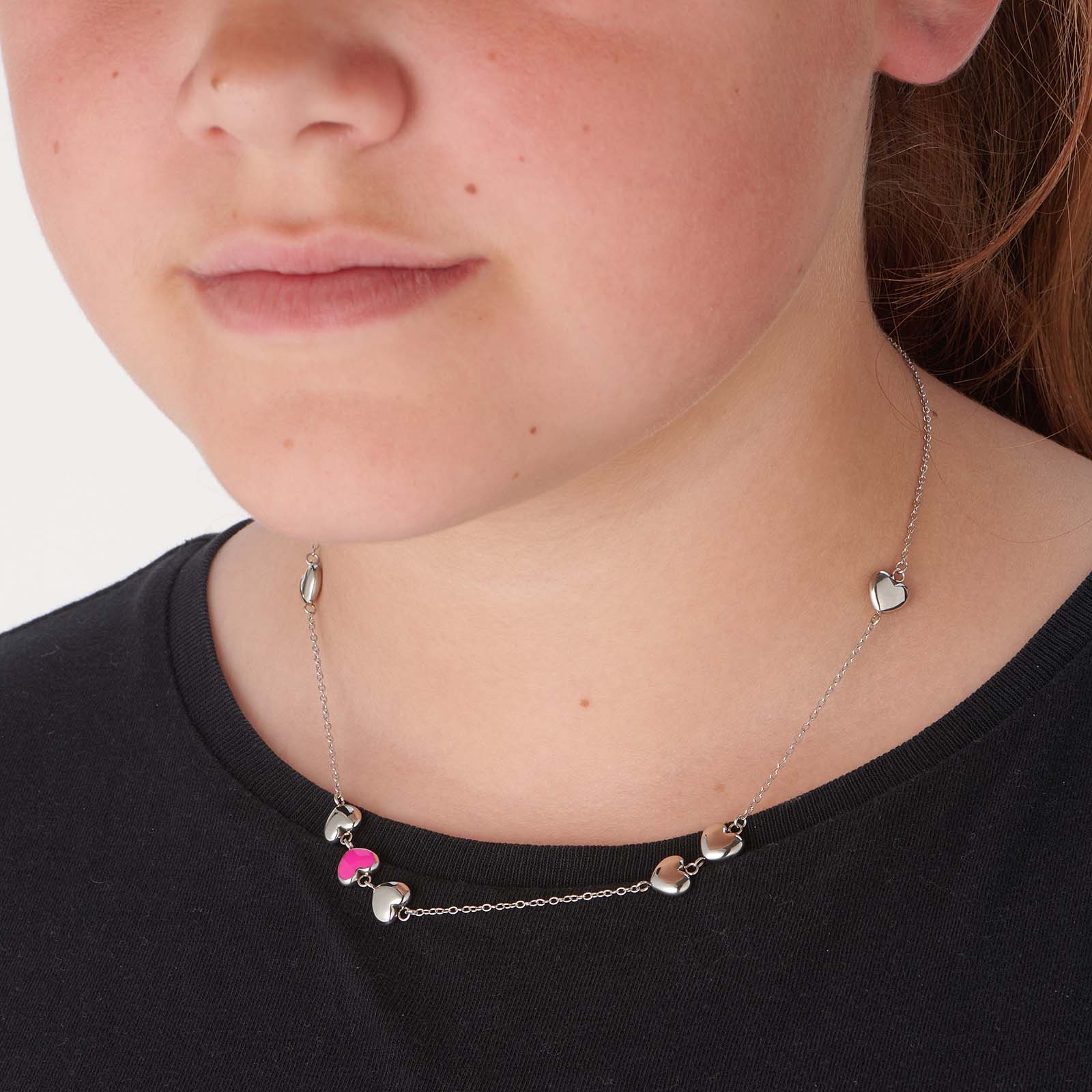 Halsband i stål - hjärtan med rosa emalj, 37+3 cm