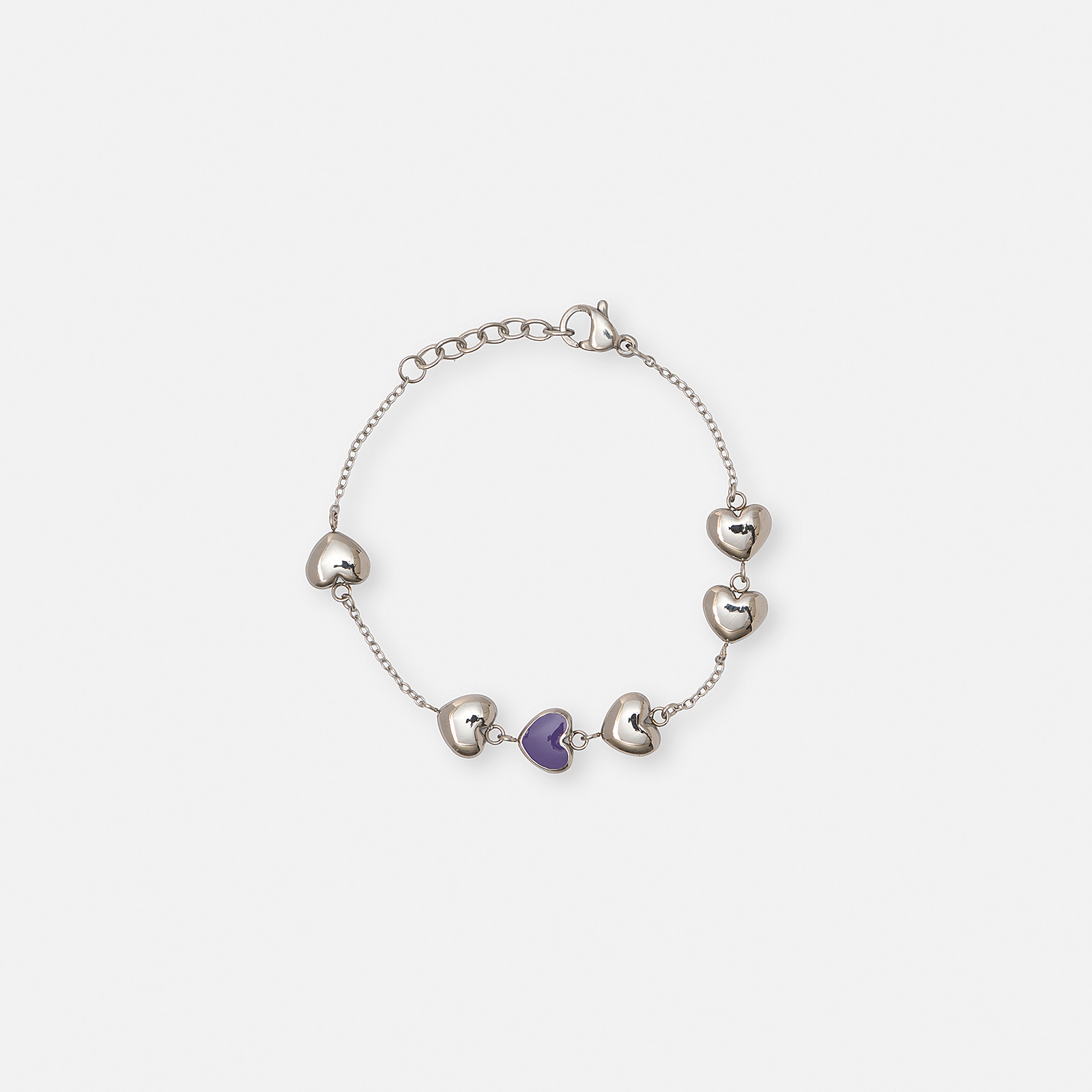 Armband i stål - hjärtan med lila emalj, 14+2 cm