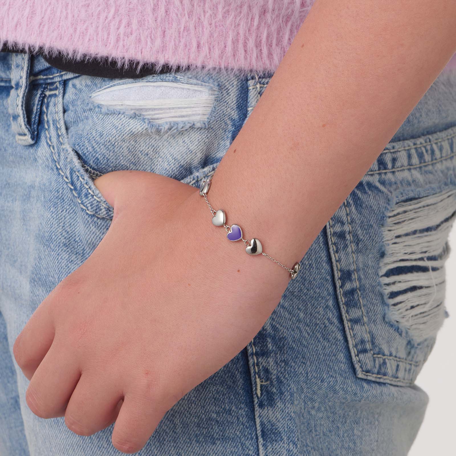 Armband i stål - hjärtan med lila emalj, 14+2 cm