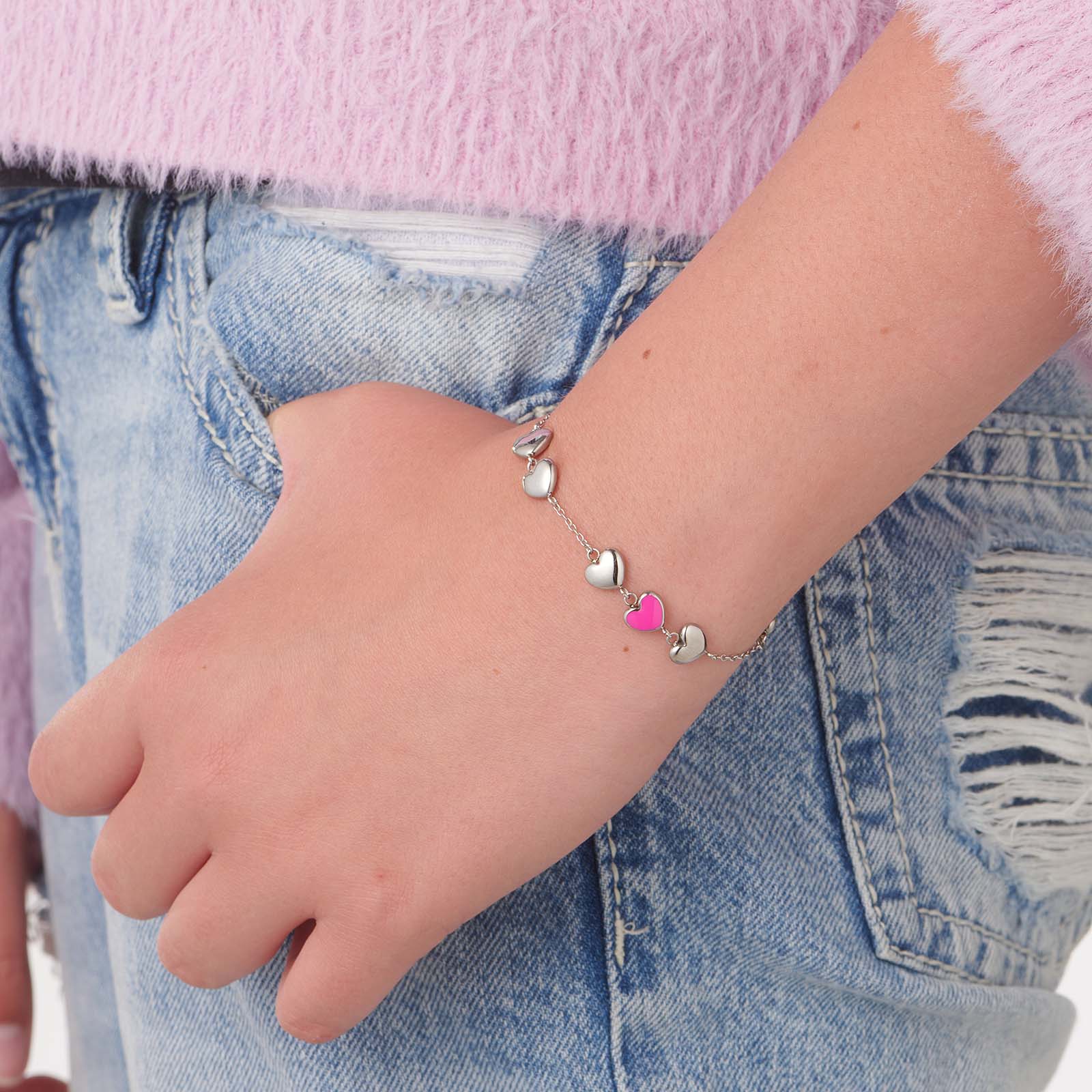 Armband i stål - hjärtan med rosa emalj, 14+2 cm