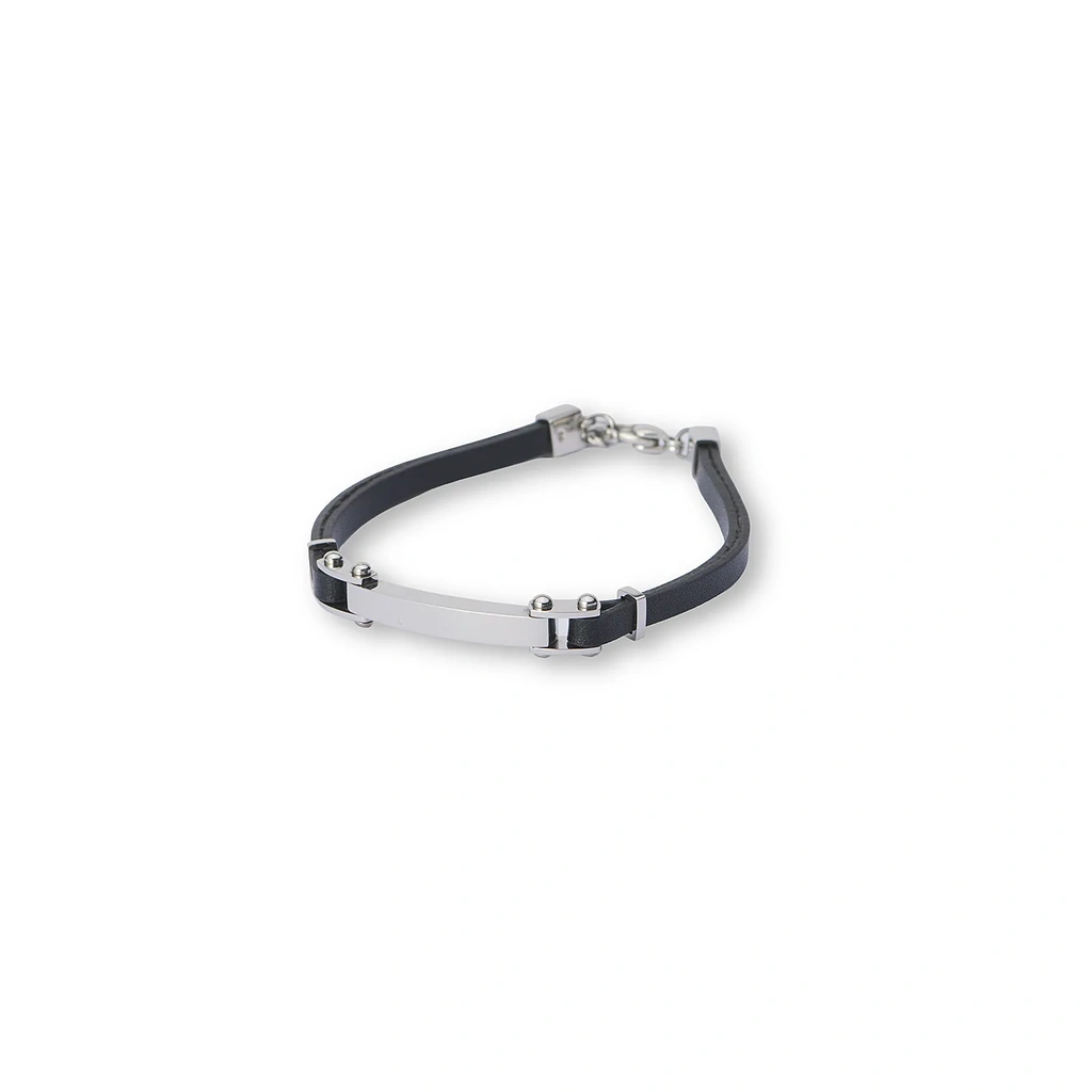 Silverfärgat armband, ID-bricka med svart läder - 19+2,5 cm
