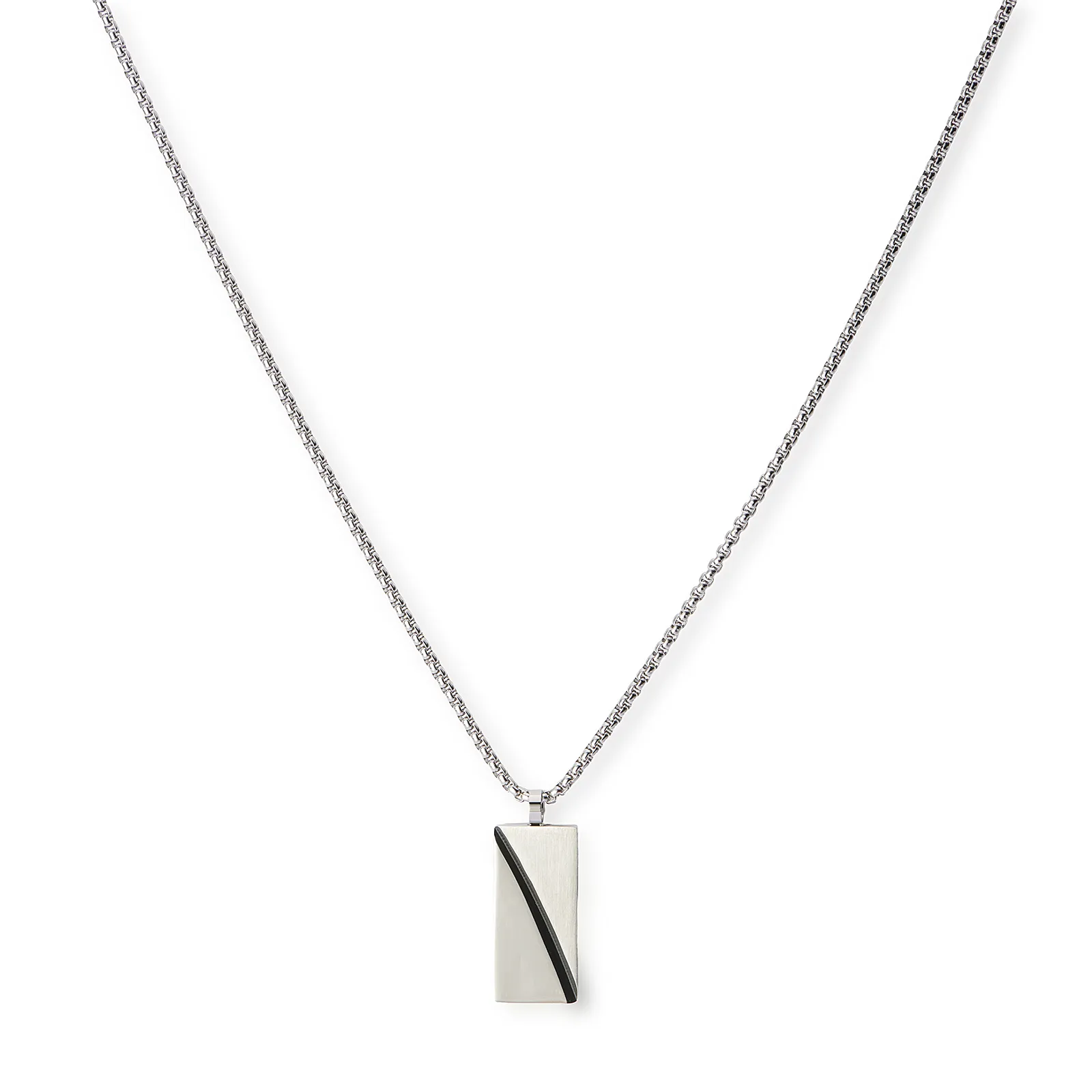Stålhalsband för herr, rektangulär bricka med svart linje - 55+5 cm