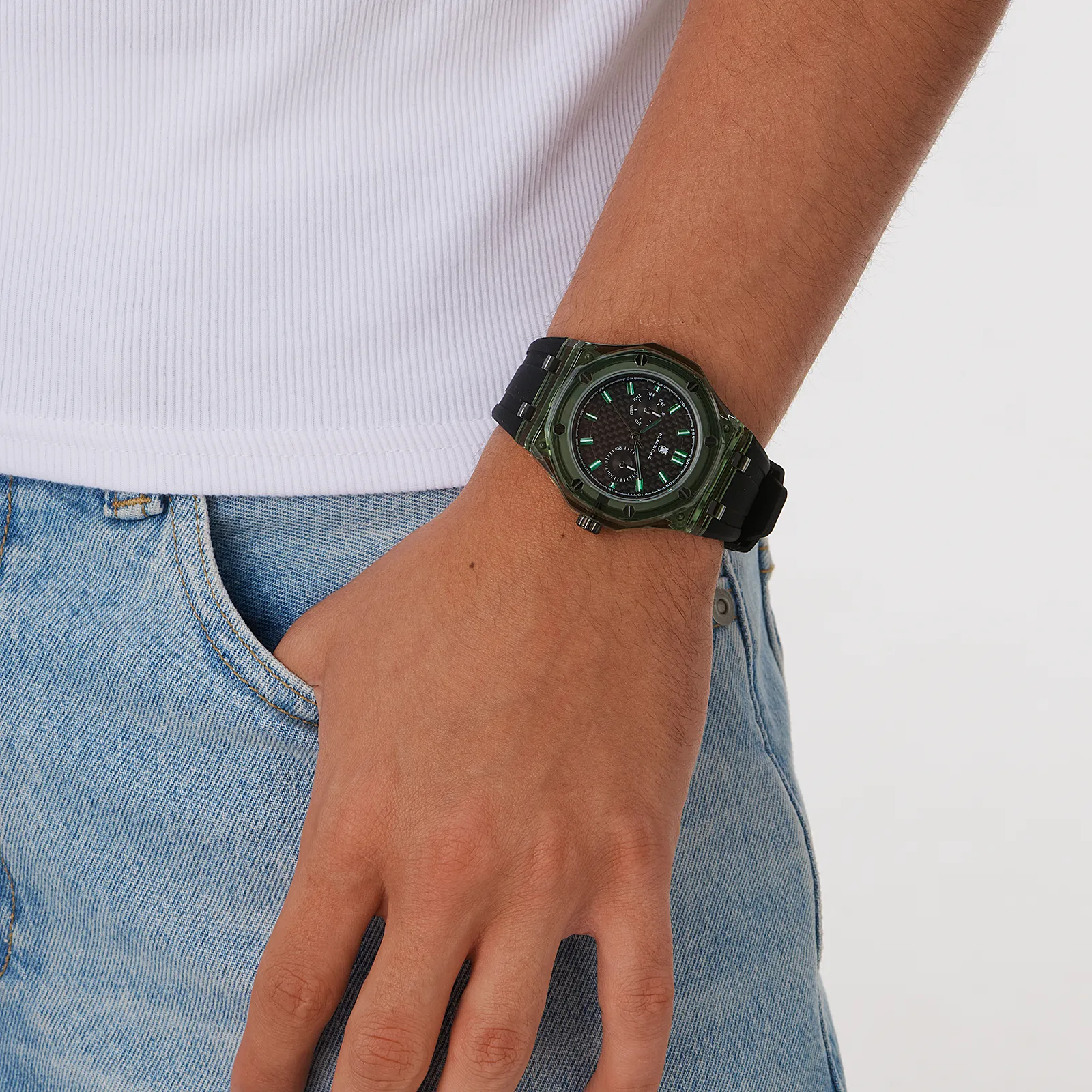 Black Oak herrklocka svart/grön gummiband - B88461-437
