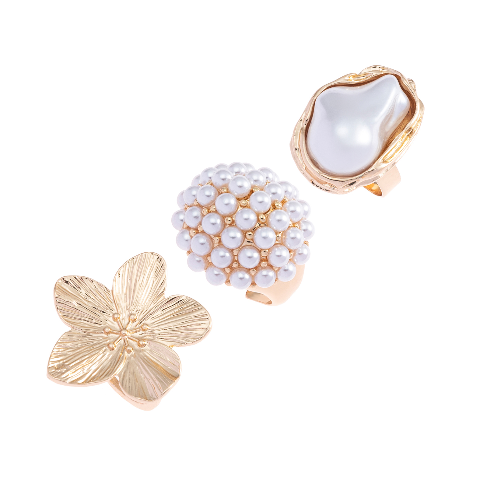 Guldfärgade ringar 3-pack, blomma och pärlor - 19mm