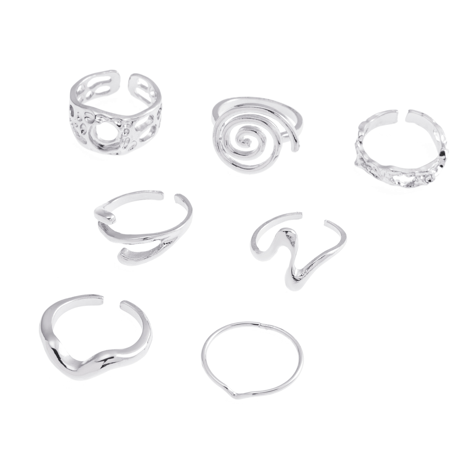 Silverfärgade ringar 7-pack, varierande mönster - 18mm