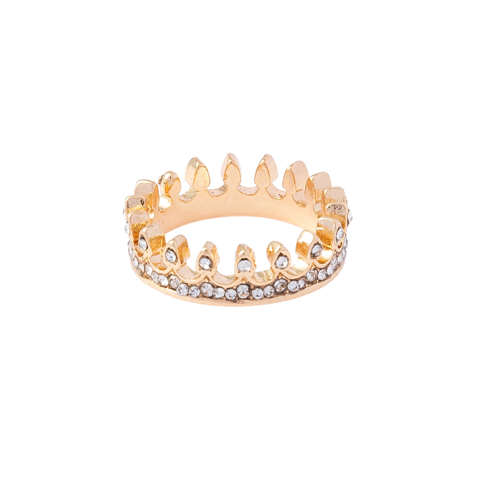Guldfärgad ring, stor krona med glasstenar - 18mm