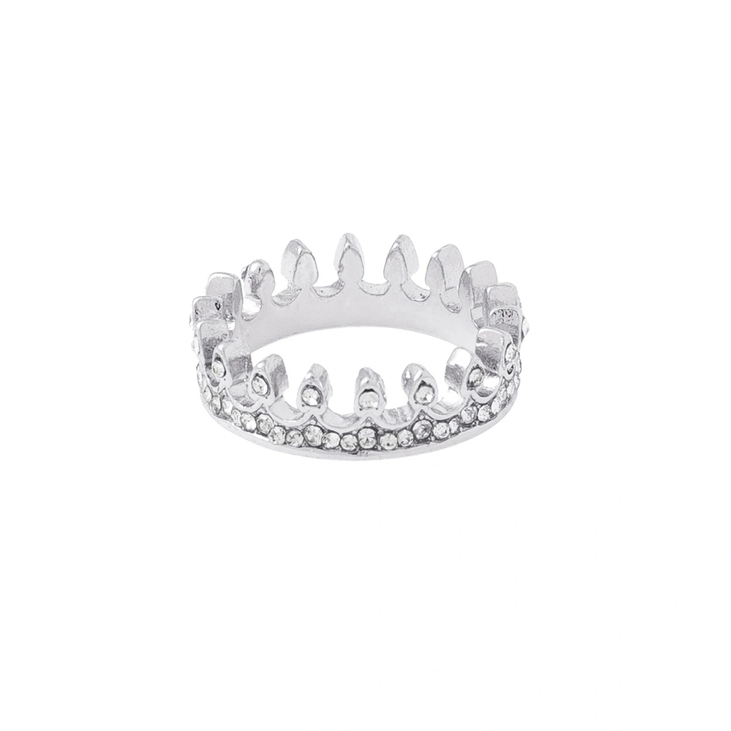 Silverfärgad ring, stor krona med glasstenar - 17mm