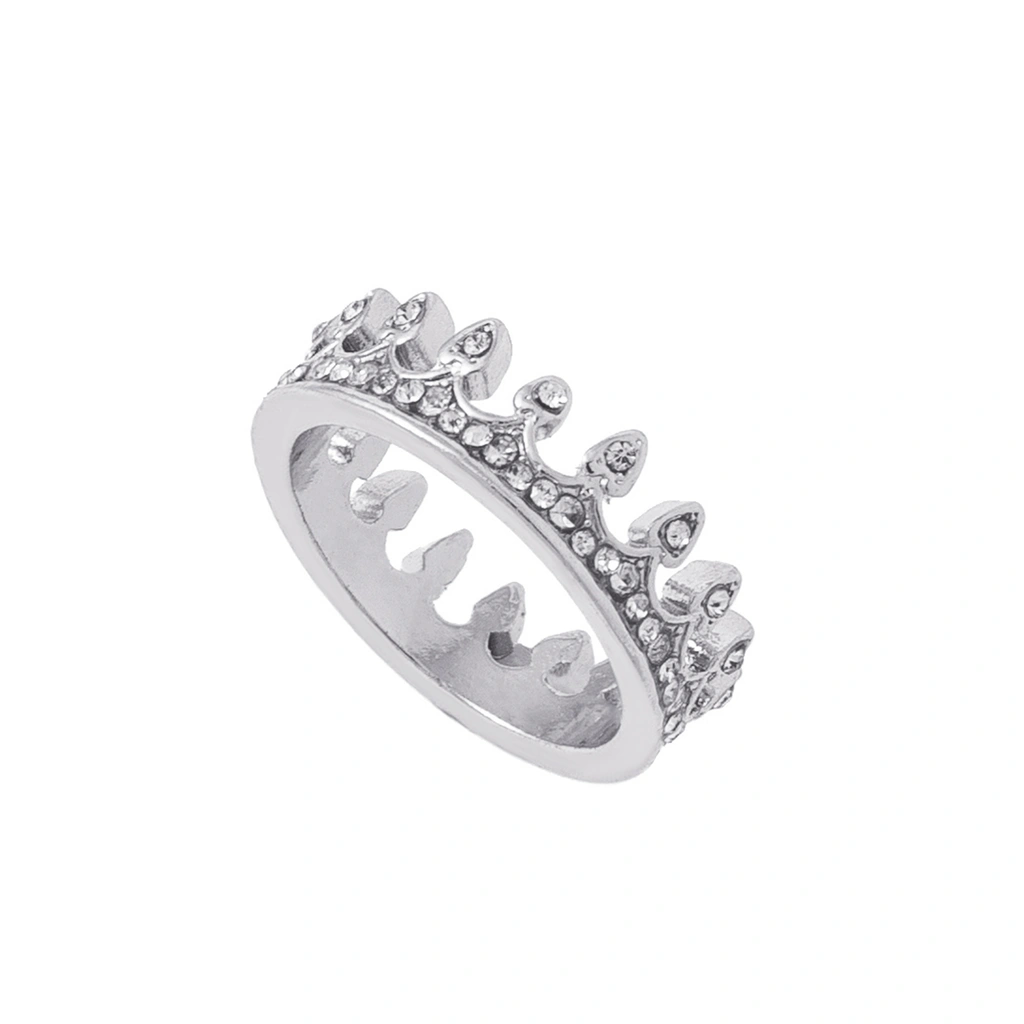 Silverfärgad ring, stor krona med glasstenar - 17mm