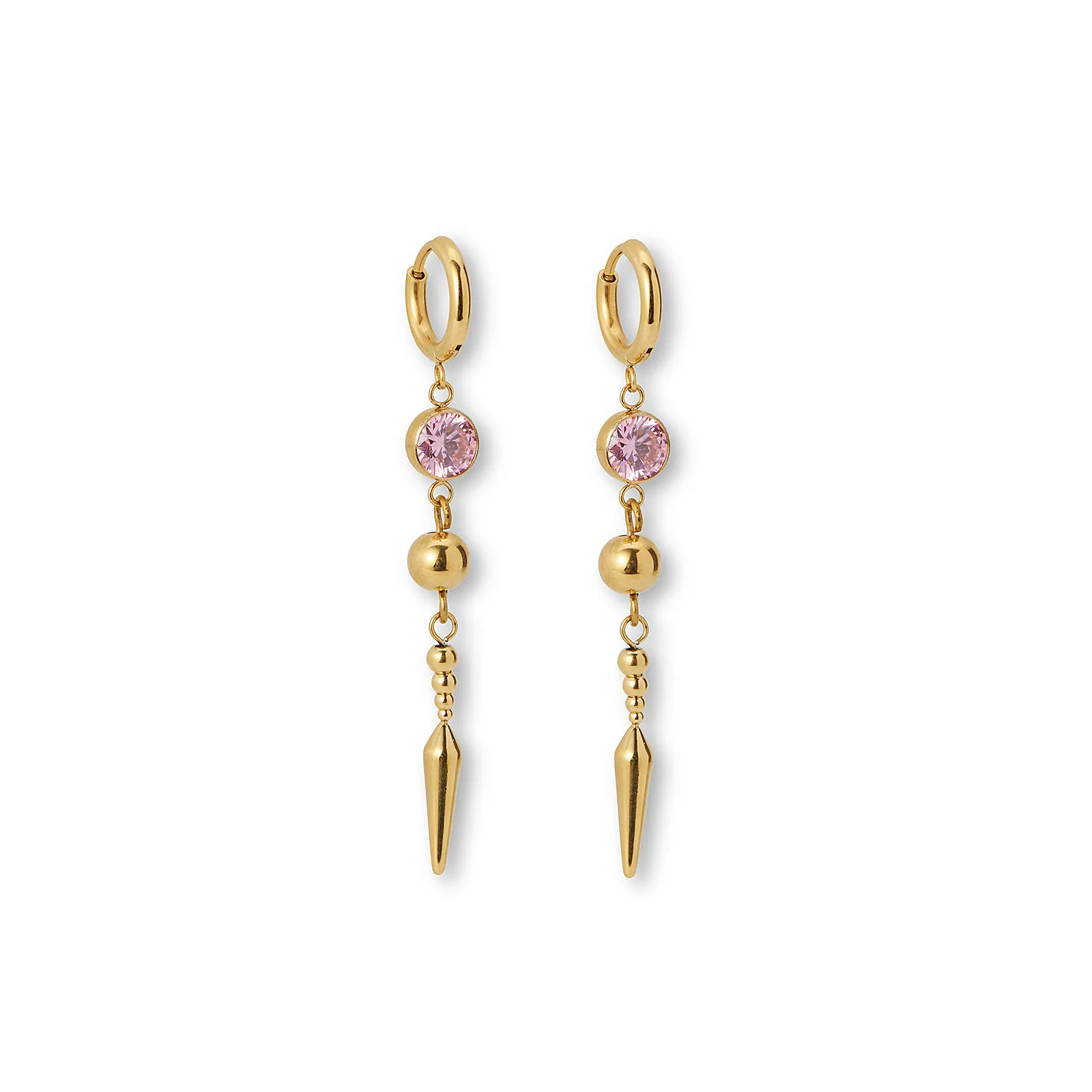 Guldpläterade stålörhängen creoler med rosa cz, kula och spike - 5,5 cm