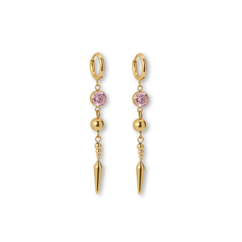 Guldpläterade stålörhängen creoler med rosa cz, kula och spike - 5,5 cm