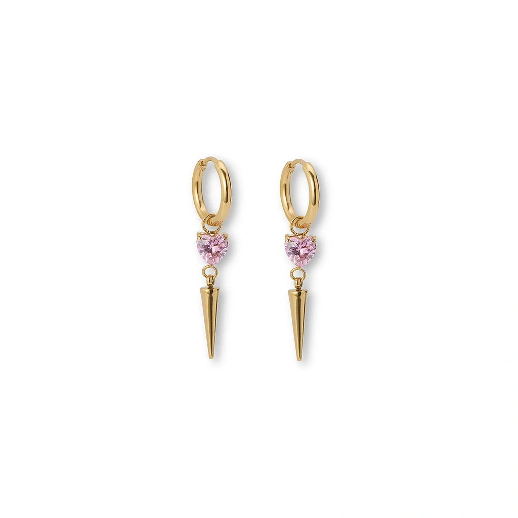 Guldpläterade stålörhängen creoler med rosa hjärta cz och spike - 4 cm