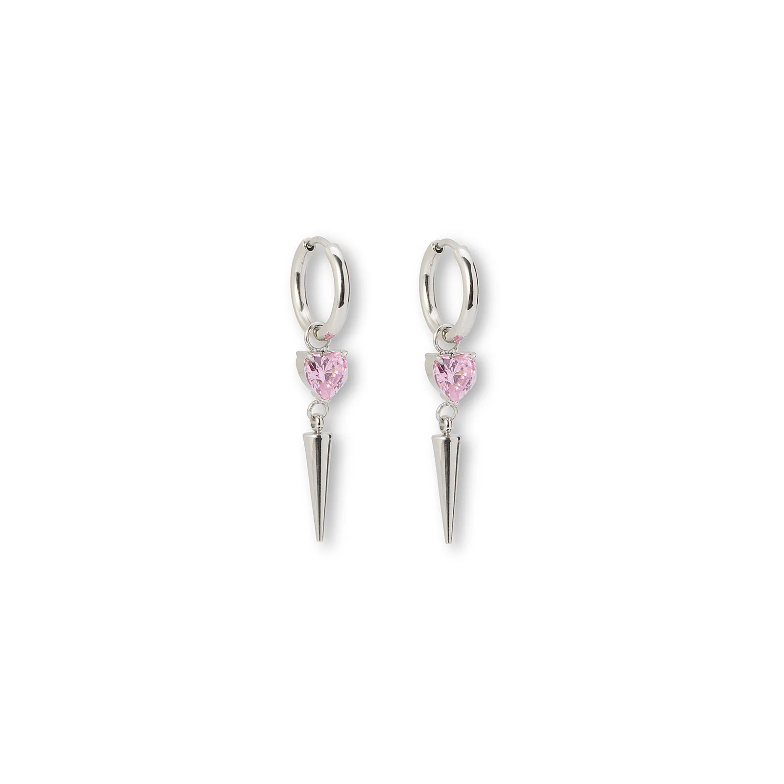 Stålörhängen creoler med rosa hjärta cz och spike - 4 cm