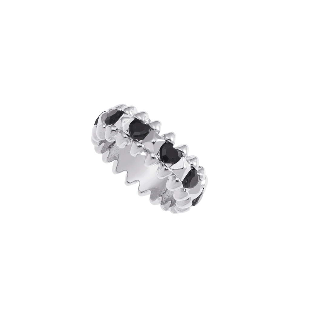 Silverfärgad ring Spike Noir, svarta hjärtan - 17 mm