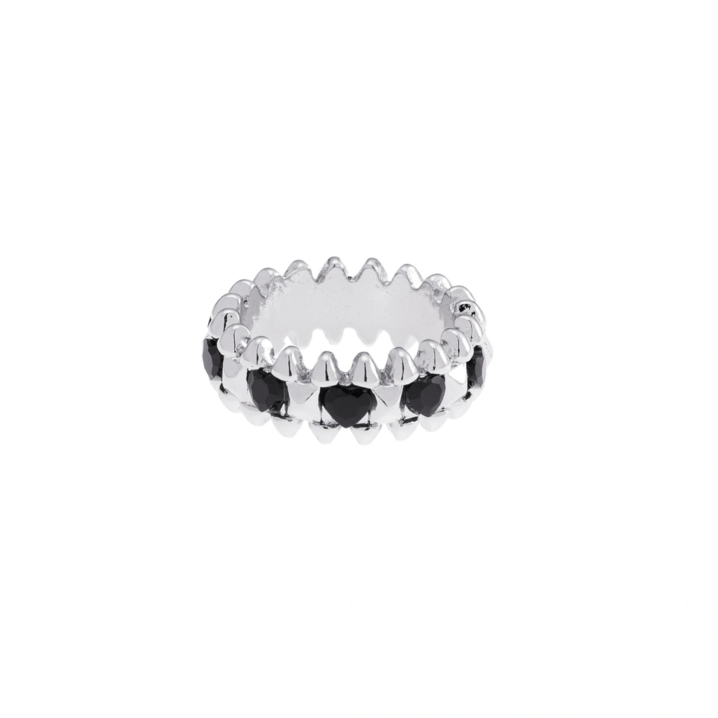 Silverfärgad ring Spike Noir, svarta hjärtan - 17 mm