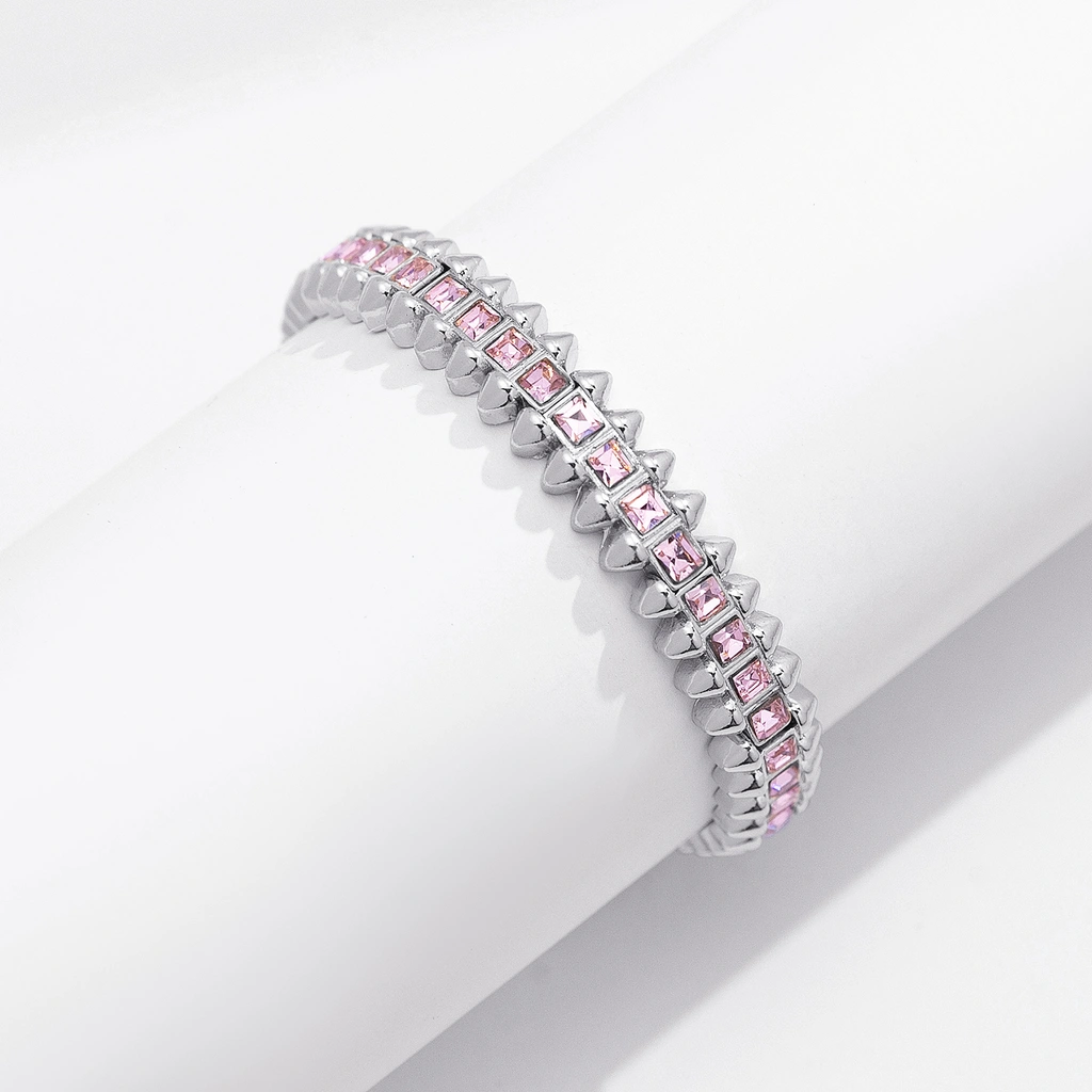 Silverfärgat armband Spike Noir, rosa stenar med nitar - Elastiskt