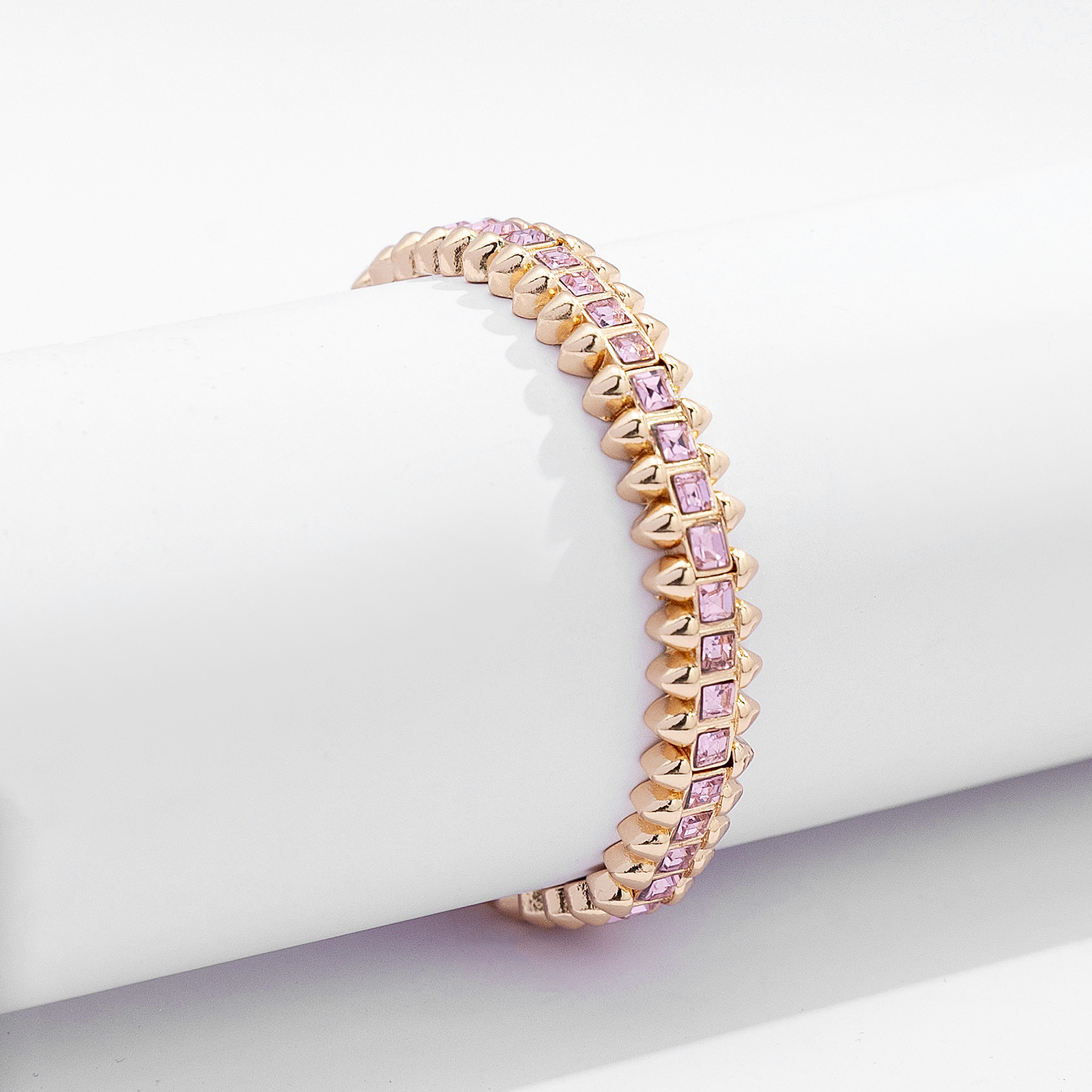 Guldfärgat armband Spike Noir, rosa stenar med nitar - Elastiskt