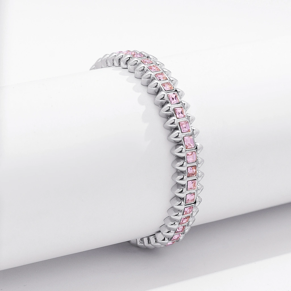 Silverfärgat armband Spike Noir, rosa stenar med nitar - Elastiskt