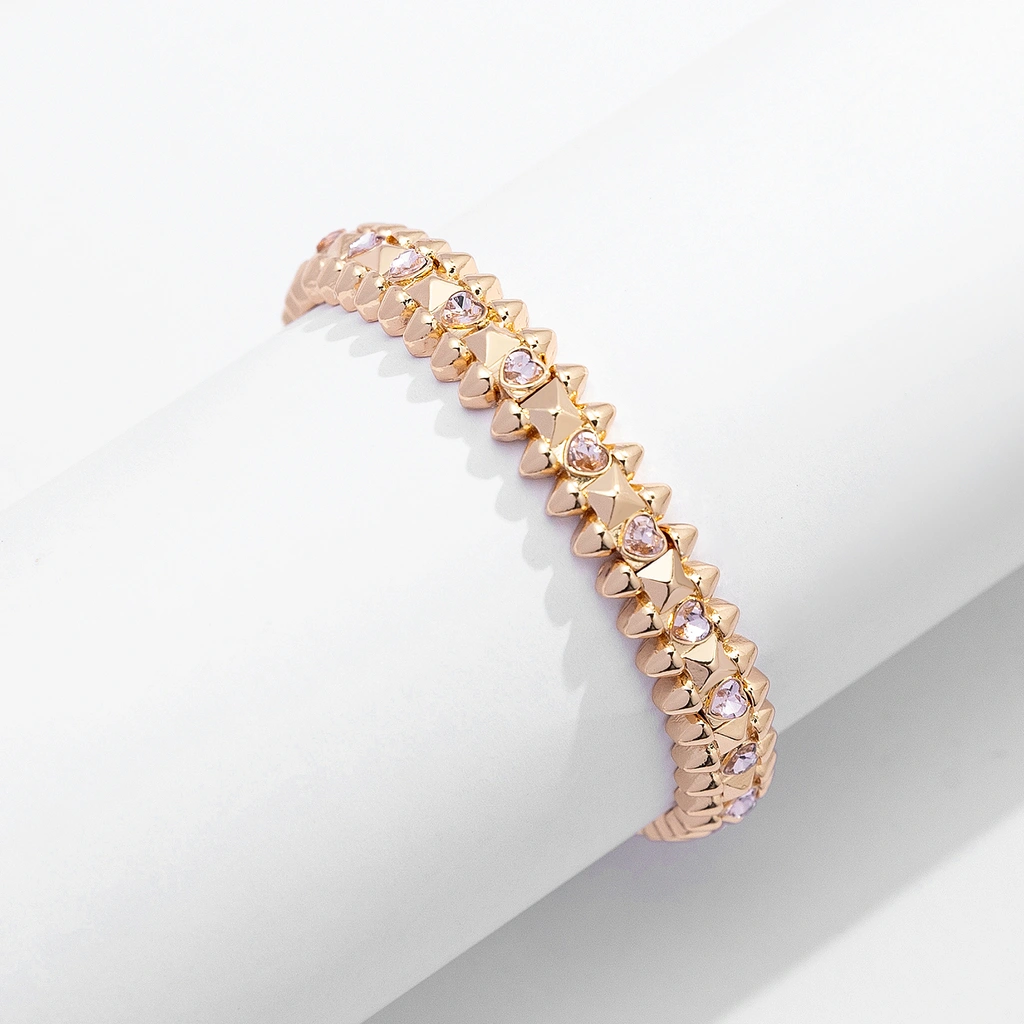 Guldfärgat armband Spike Noir, rosa hjärtan - Elastiskt