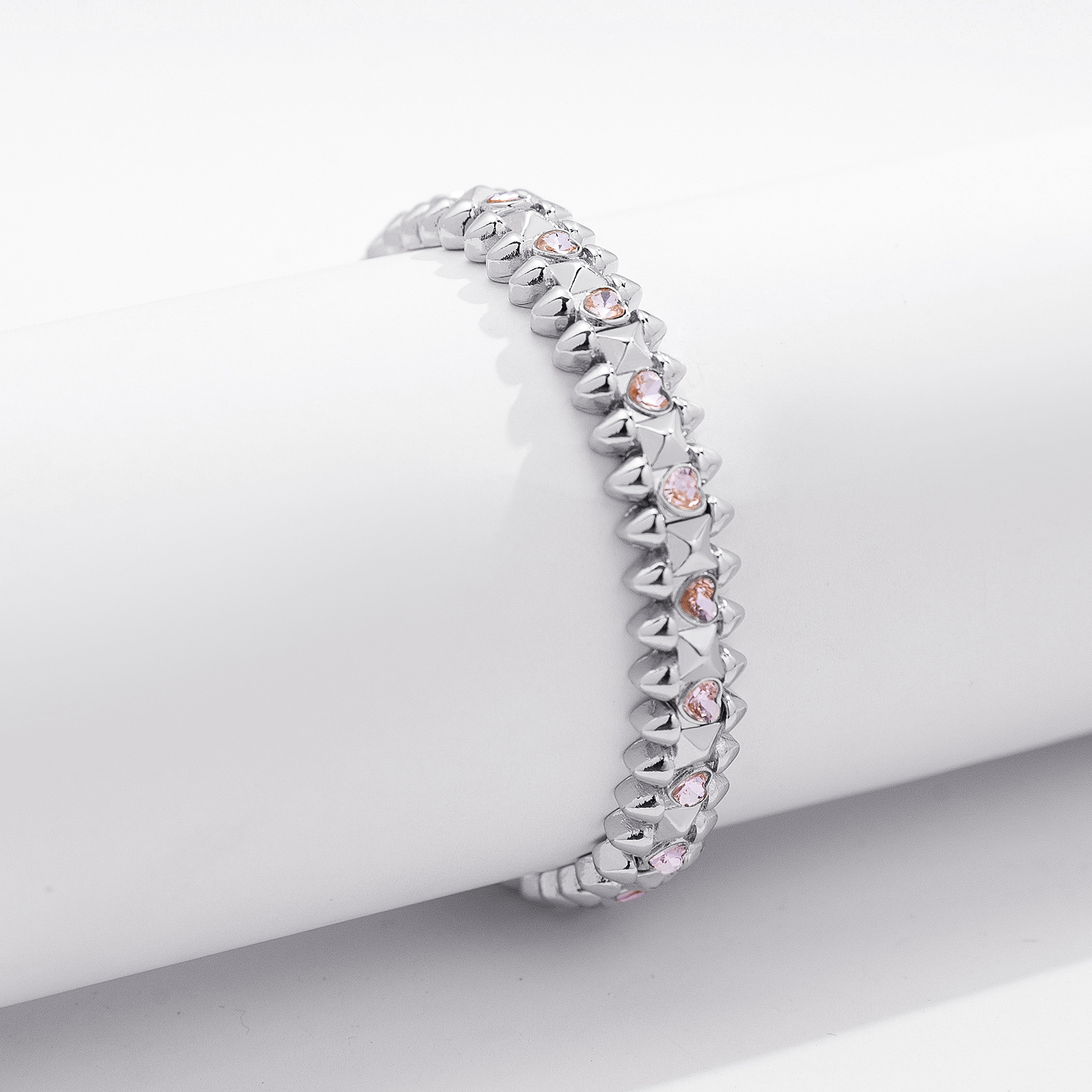 Silverfärgat armband Spike Noir, rosa hjärtan - Elastiskt