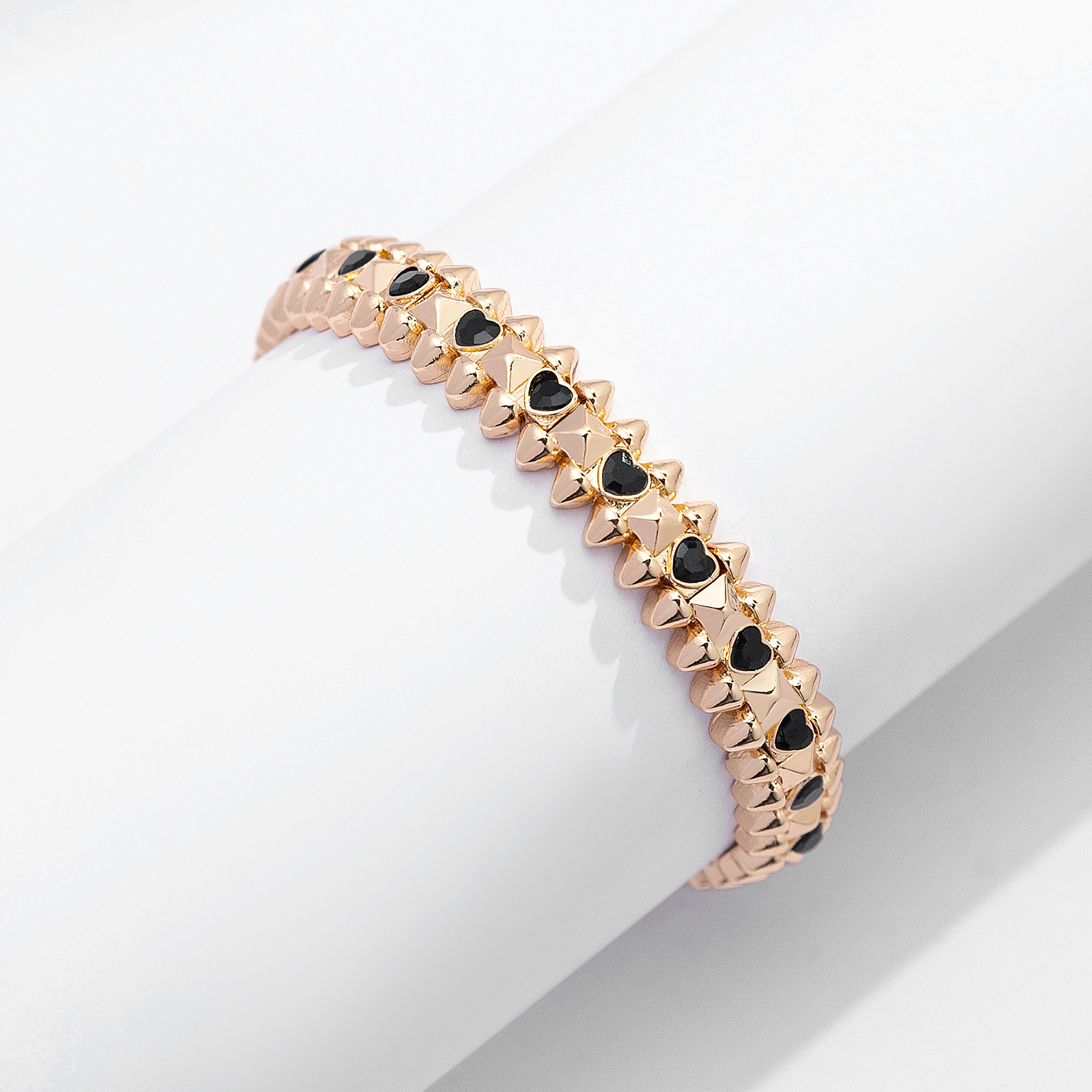 Guldfärgat armband Spike Noir, svarta hjärtan - Elastiskt