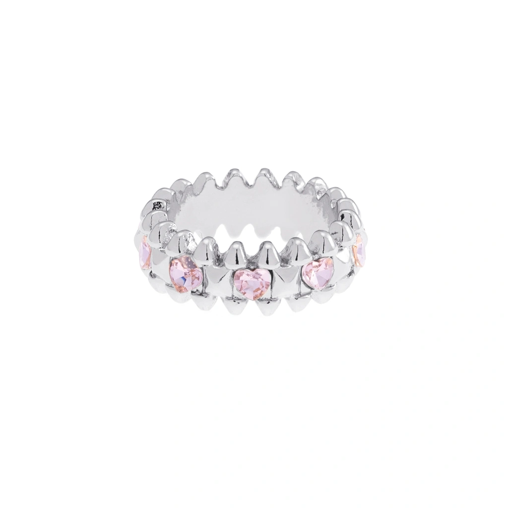 Silverfärgad ring Spike Noir, rosa hjärtan - 18 mm