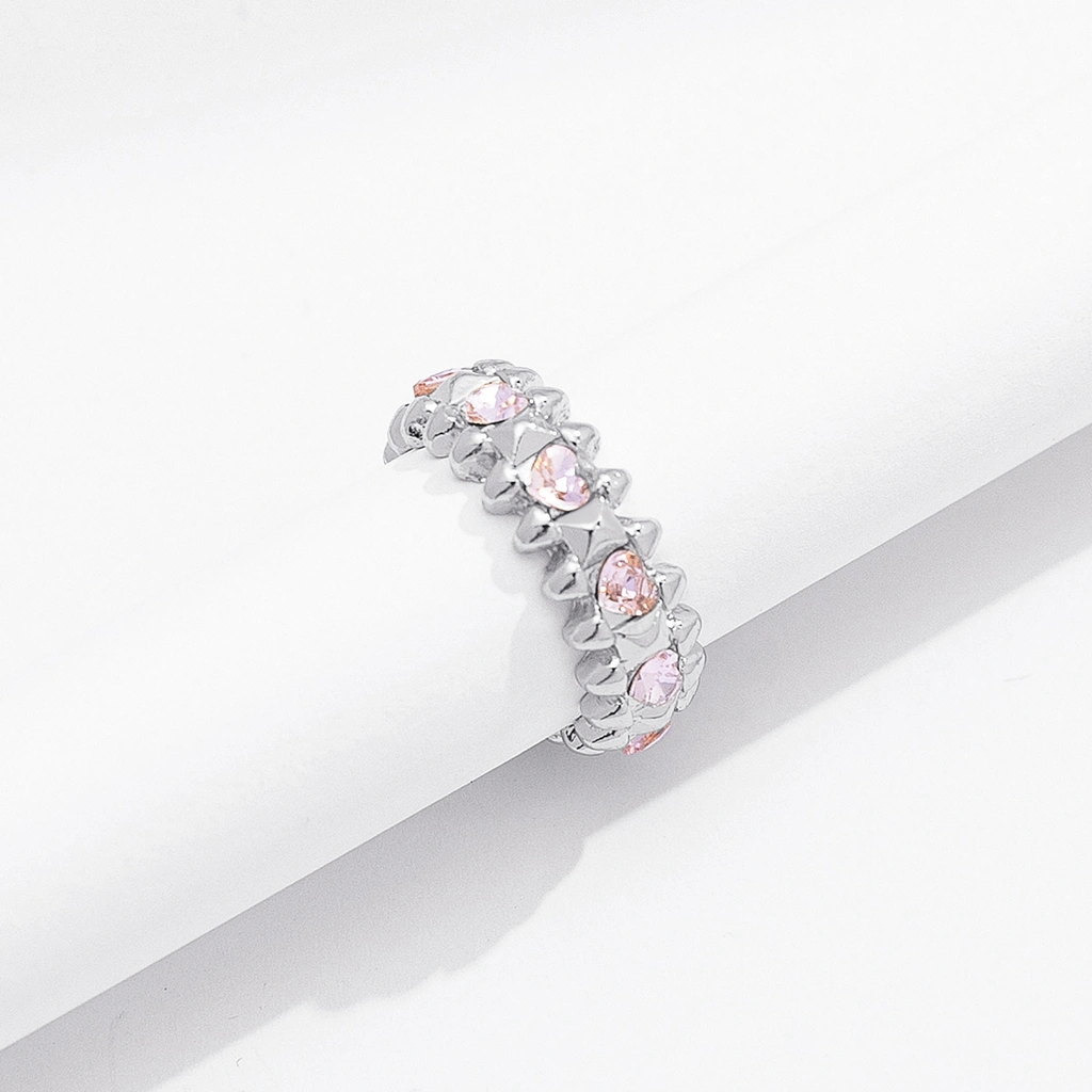 Silverfärgad ring Spike Noir, rosa hjärtan - 18 mm