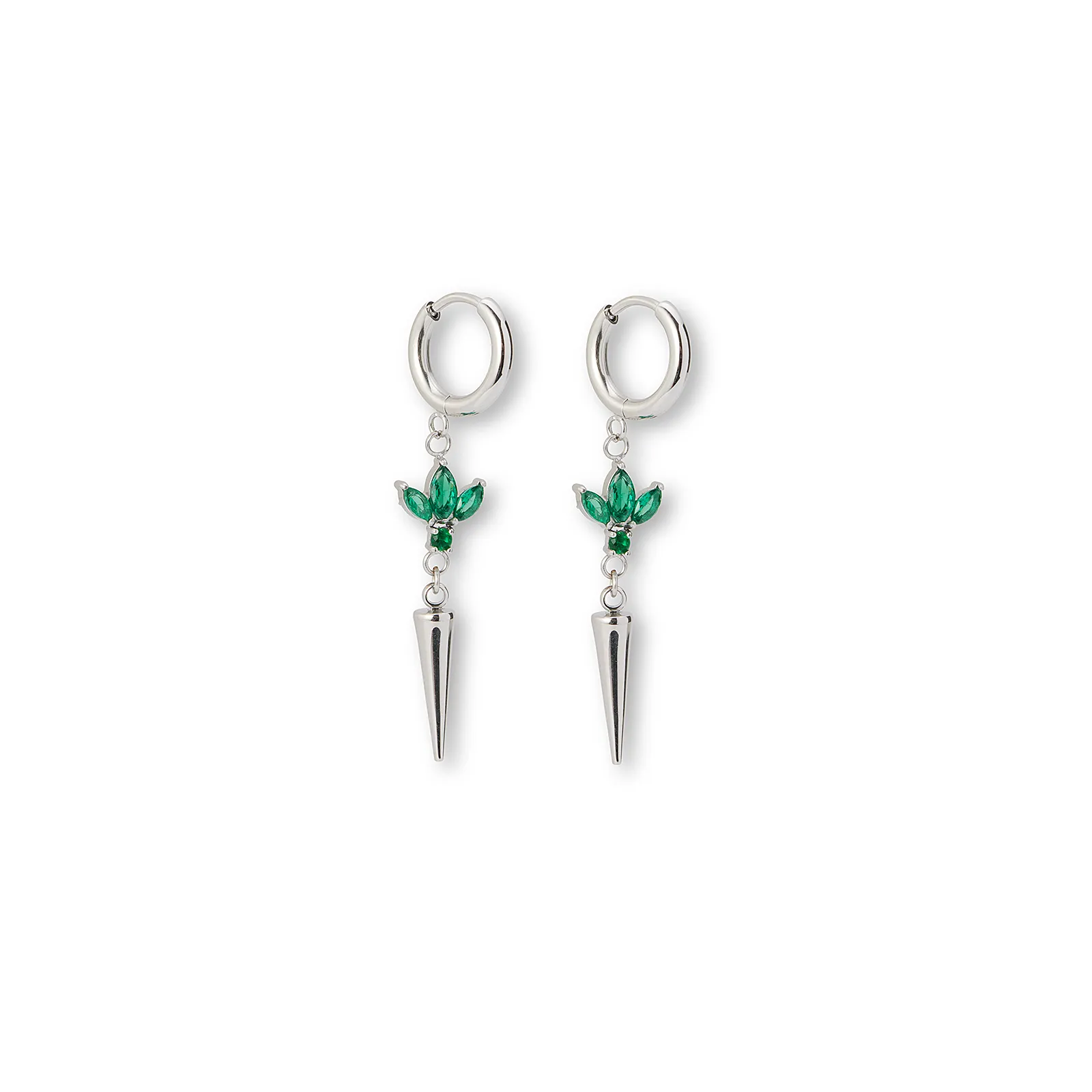 Silverfärgade örhängen creoler, gröna stenar & spike - 4 cm