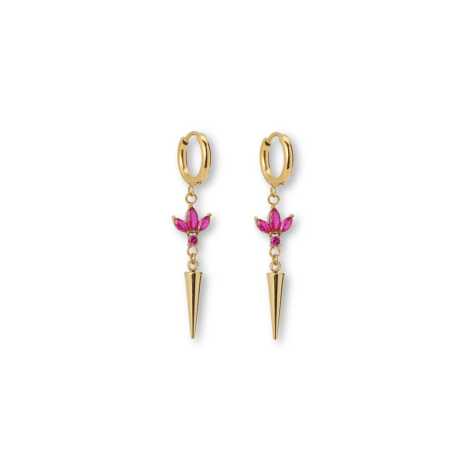 Guldfärgade örhängen creoler, röda stenar & spike - 4 cm