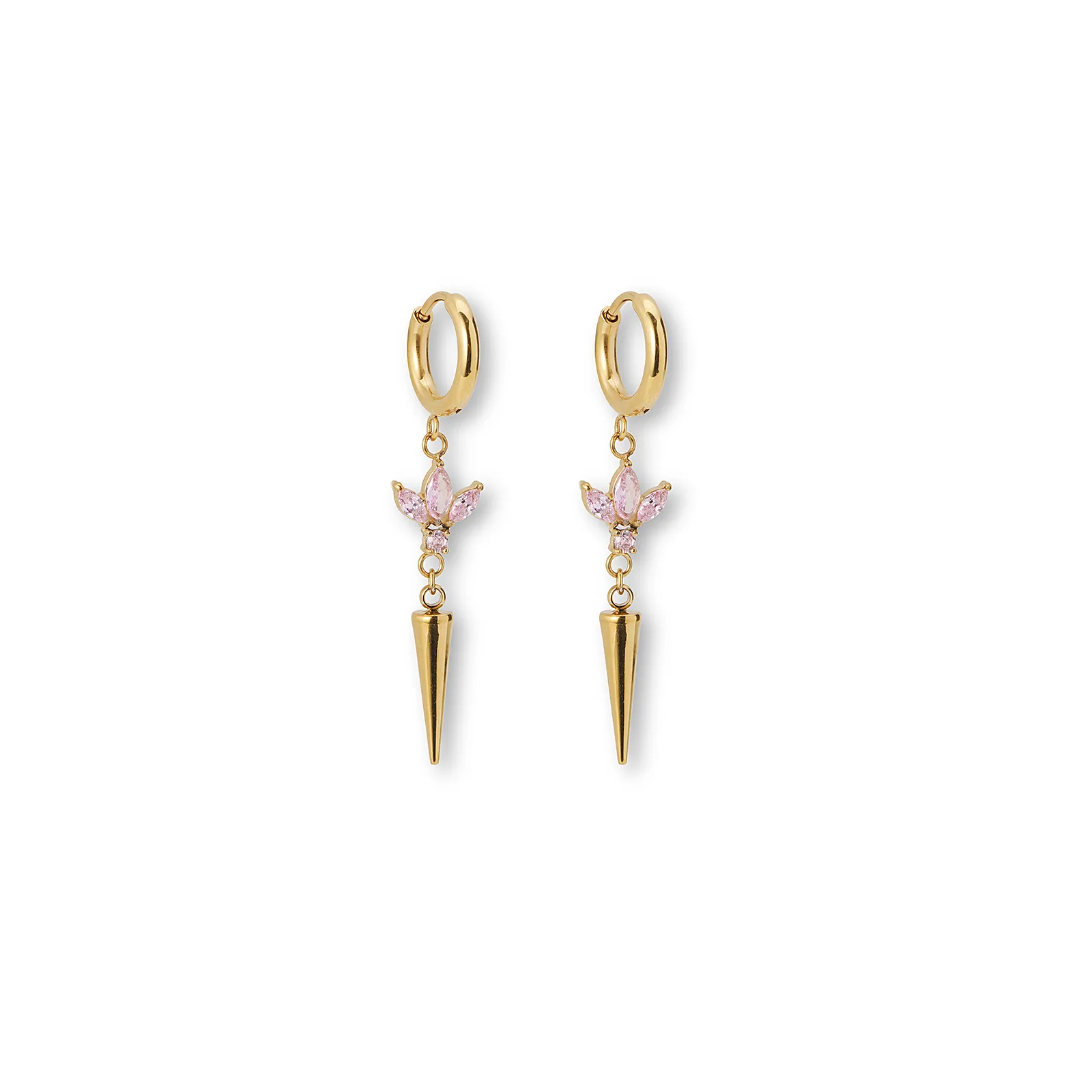 Guldfärgade örhängen creoler, rosa stenar & spike - 4 cm