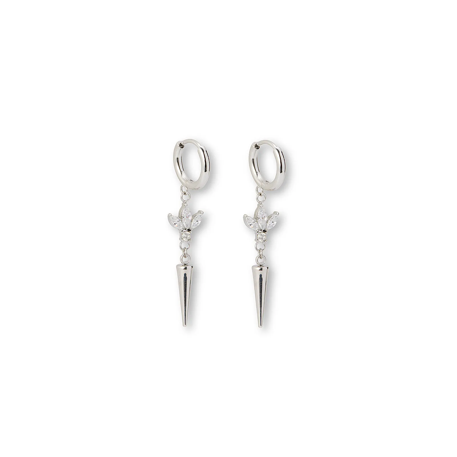 Silverfärgade örhängen creoler, klara stenar & spike - 4 cm