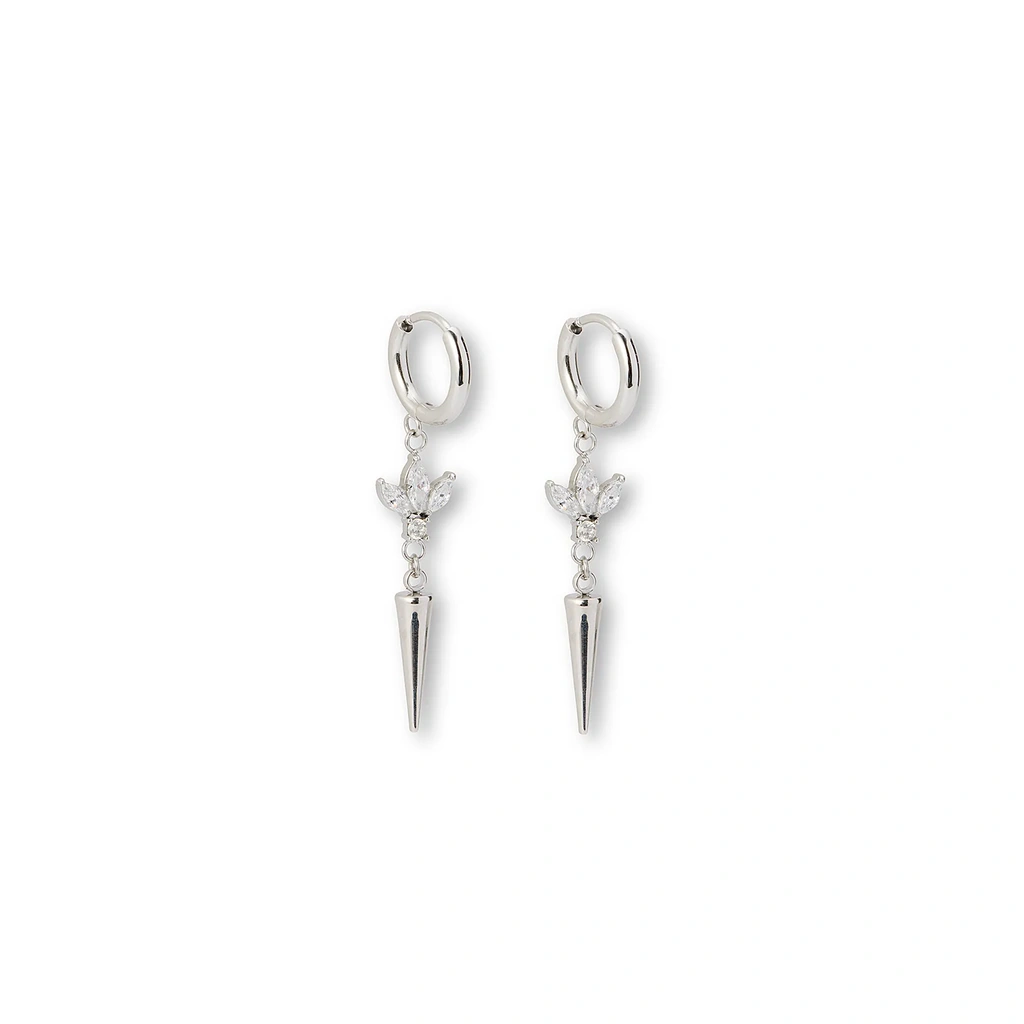 Silverfärgade örhängen creoler, klara stenar & spike - 4 cm