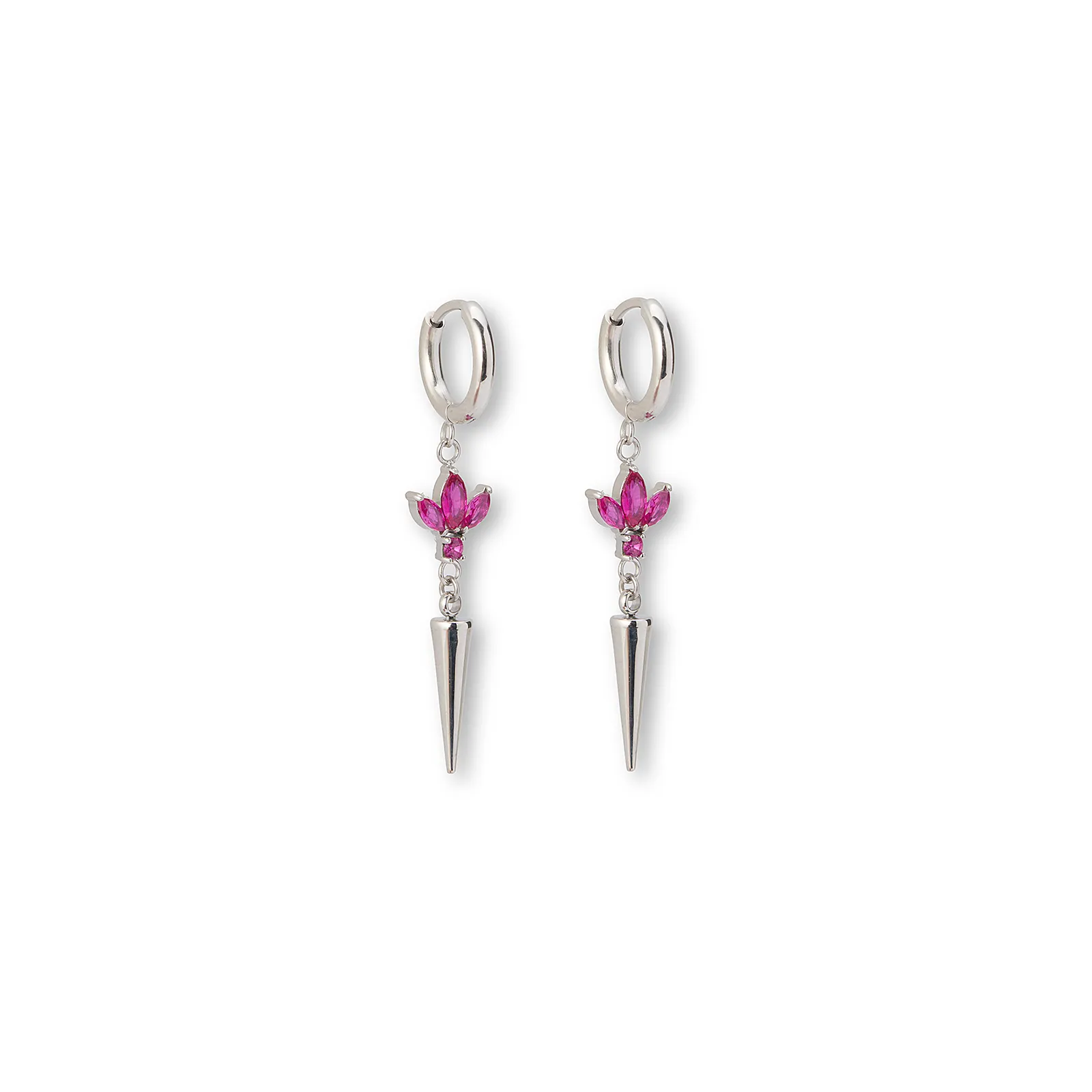 Silverfärgade örhängen creoler, röda stenar & spike - 4 cm