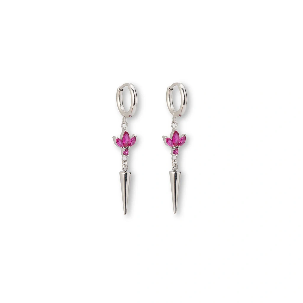 Silverfärgade örhängen creoler, röda stenar & spike - 4 cm