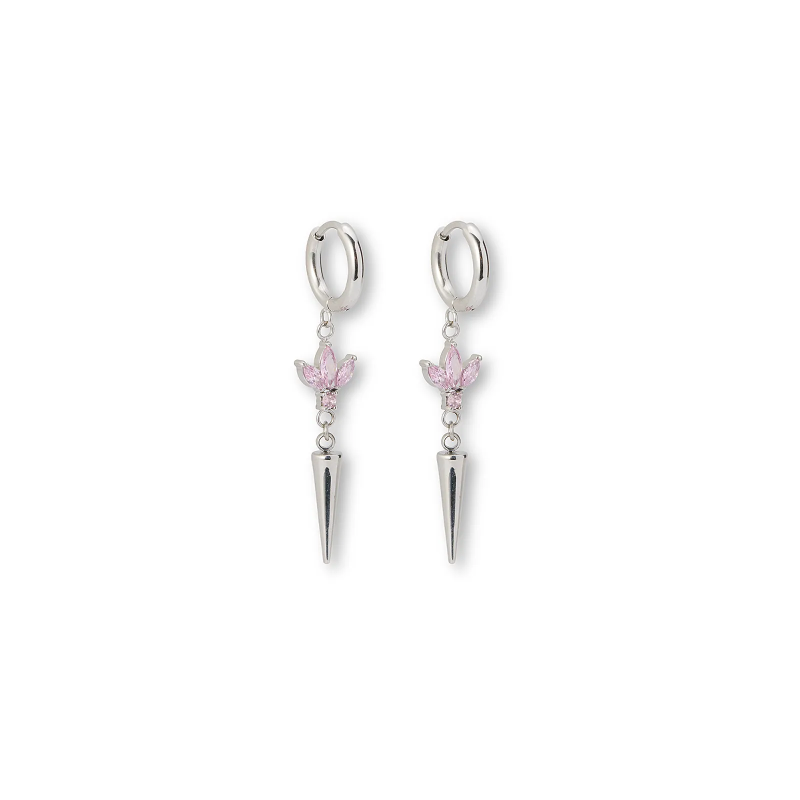 Silverfärgade örhängen creoler, rosa stenar & spike - 4 cm