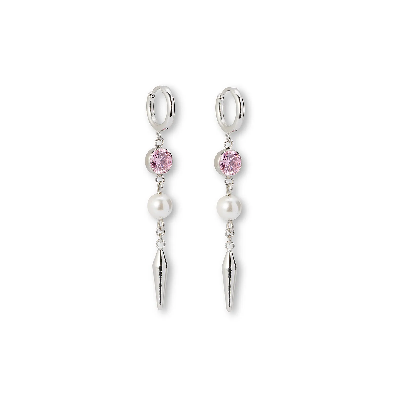 Silverfärgade örhängen creoler, rosa sten & spike - 6 cm