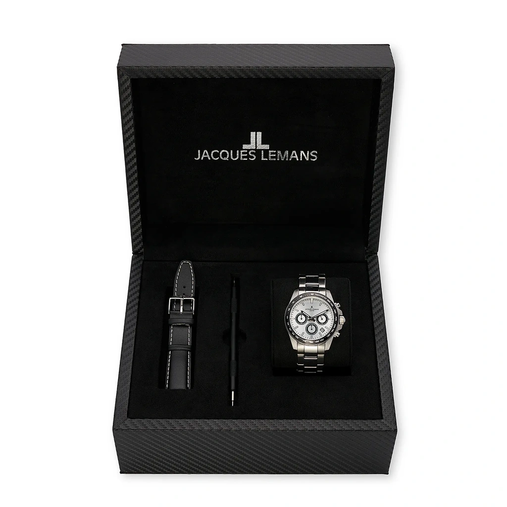 Jacques Lemans Liverpool - klockset herr, stål/vit, 41 mm