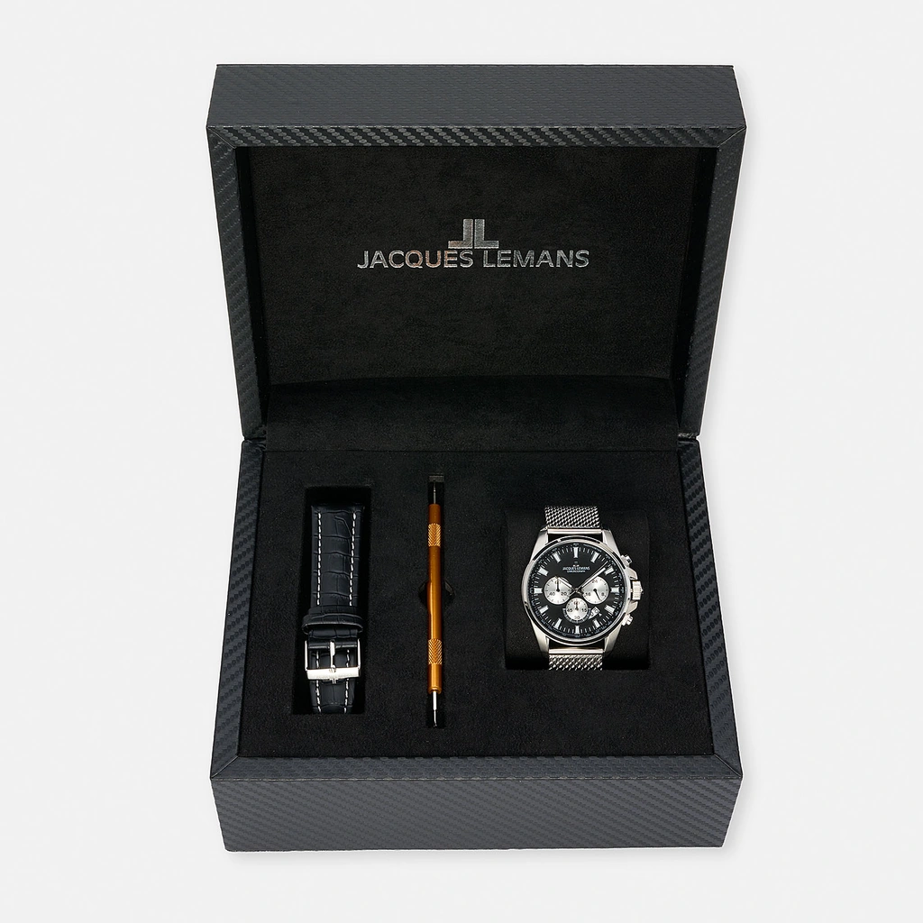 Jacques Lemans Liverpool herrklocka - set svart/stål, 44 mm