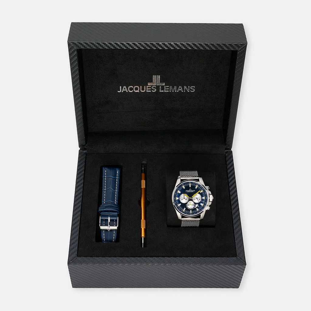 Jacques Lemans Liverpool herrklocka - set blå/stål, 44 mm