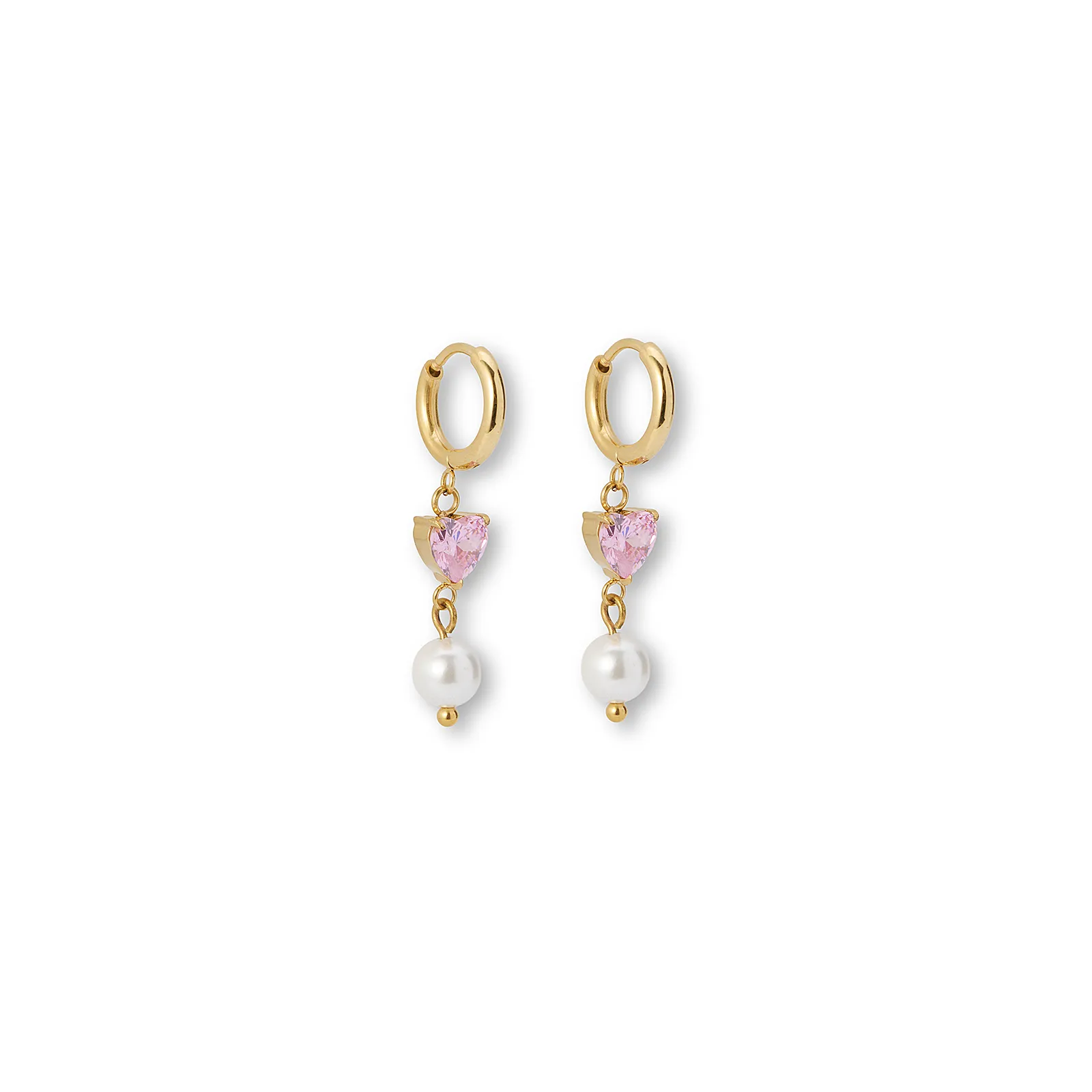 Guldfärgade örhängen creoler, rosa hjärta & pärla - 3,2 cm