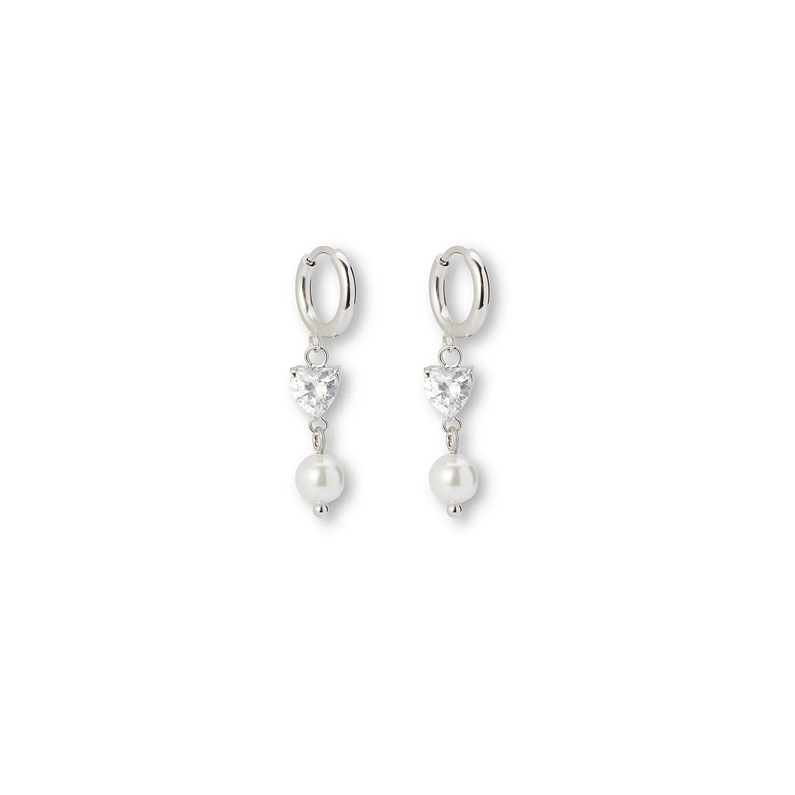 Silverfärgade örhängen creoler, vitt hjärta & pärla - 3,2 cm
