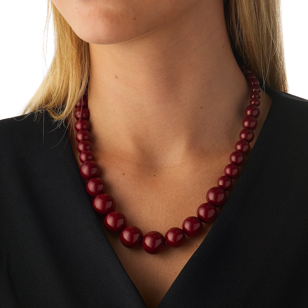 Guldfärgat halsband, vinröda pärlor - 42+5 cm