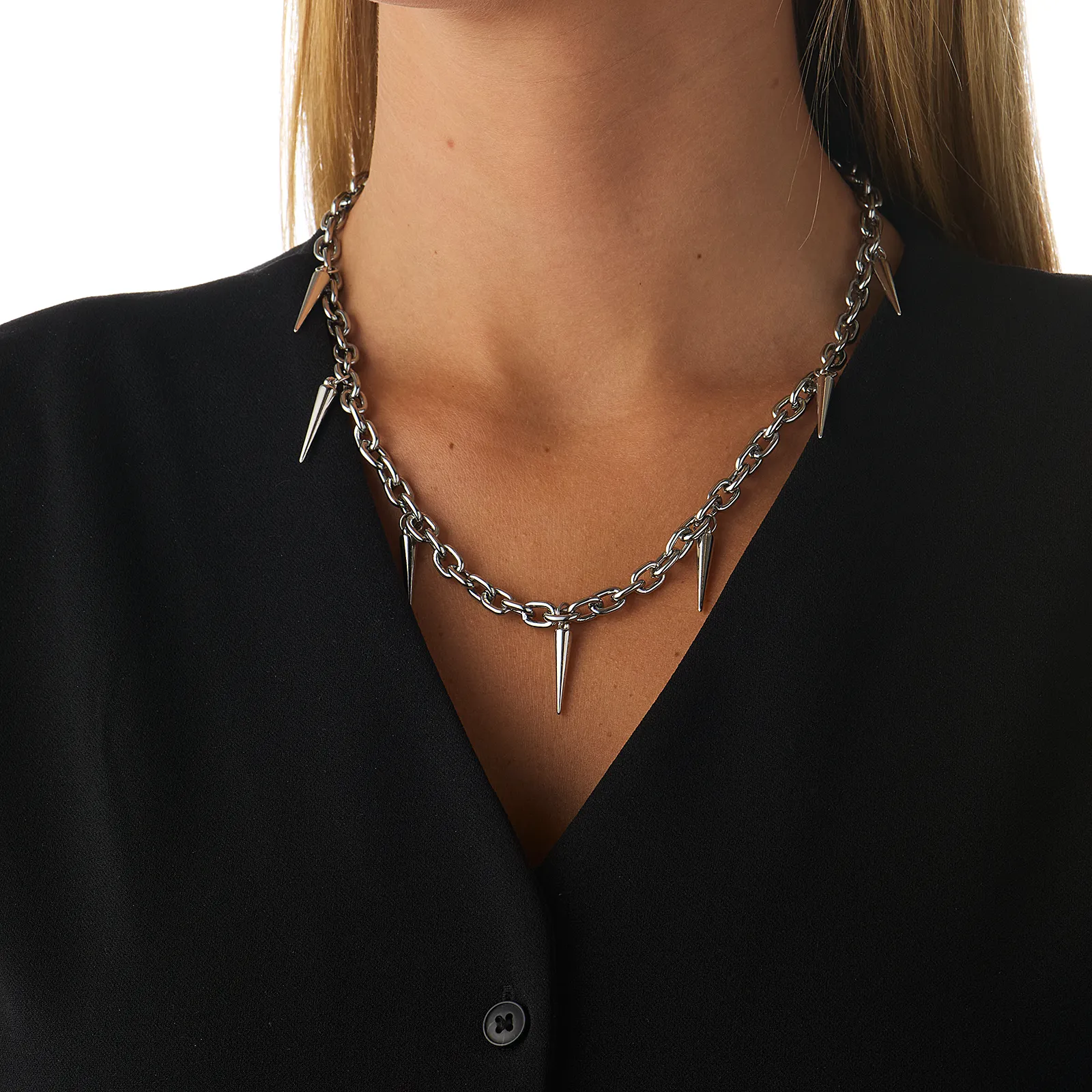 Silverfärgat halsband, grov länk med nitar - 42+7 cm