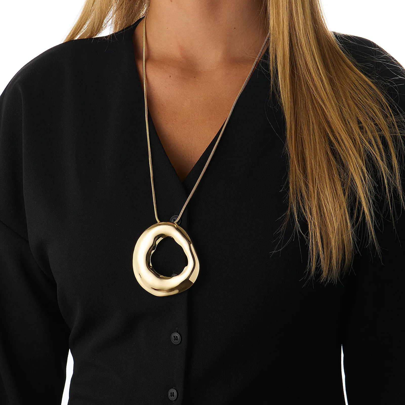 Guldfärgat halsband, ormkedja med hammrad ring - 66+7 cm