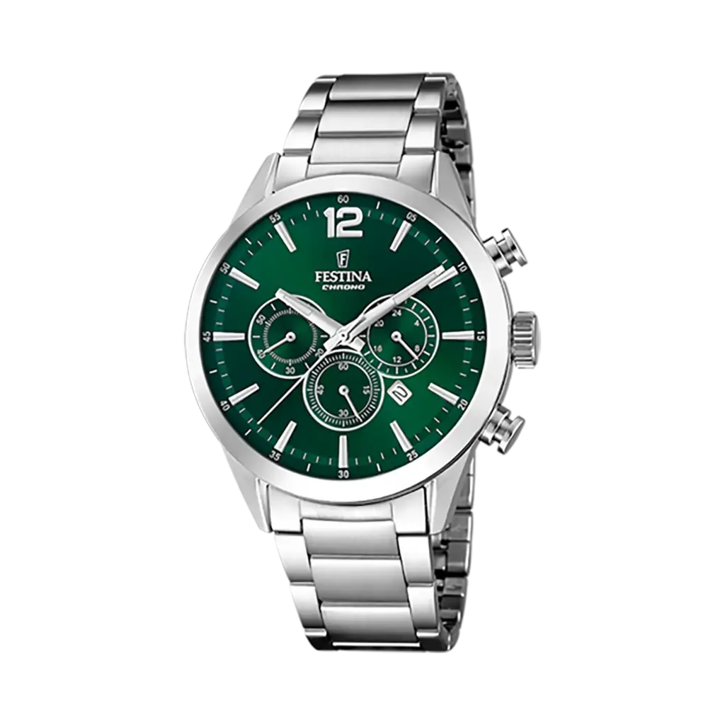 Festina Timeless Chrono herrklocka grön/stål, metallband - F20343/B