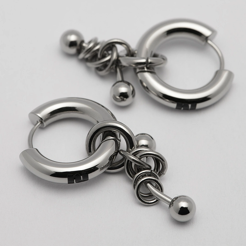 Örhängen stål, creol med hängande ringar, kulor - 20 mm
