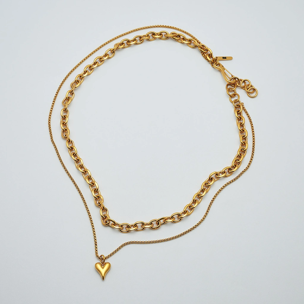 Halsband i guldpläterat stål, dubbelkedja - 50/57+5 cm